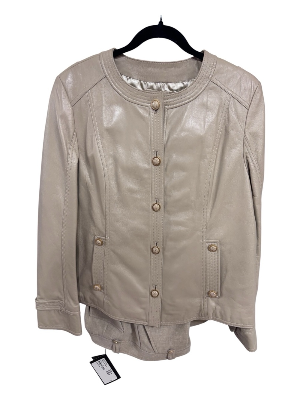 NWT 2pc St John Beige Leather Button-Front Jacket and Linen Blend Pants Sz XL/14